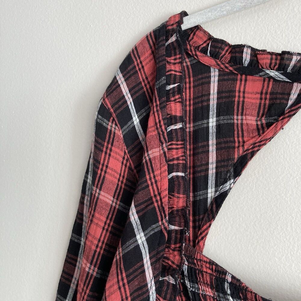 Free People Nicole Smocked Plaid Top Red Black Cropped Open Back Size Medium - Picture 2 of 11